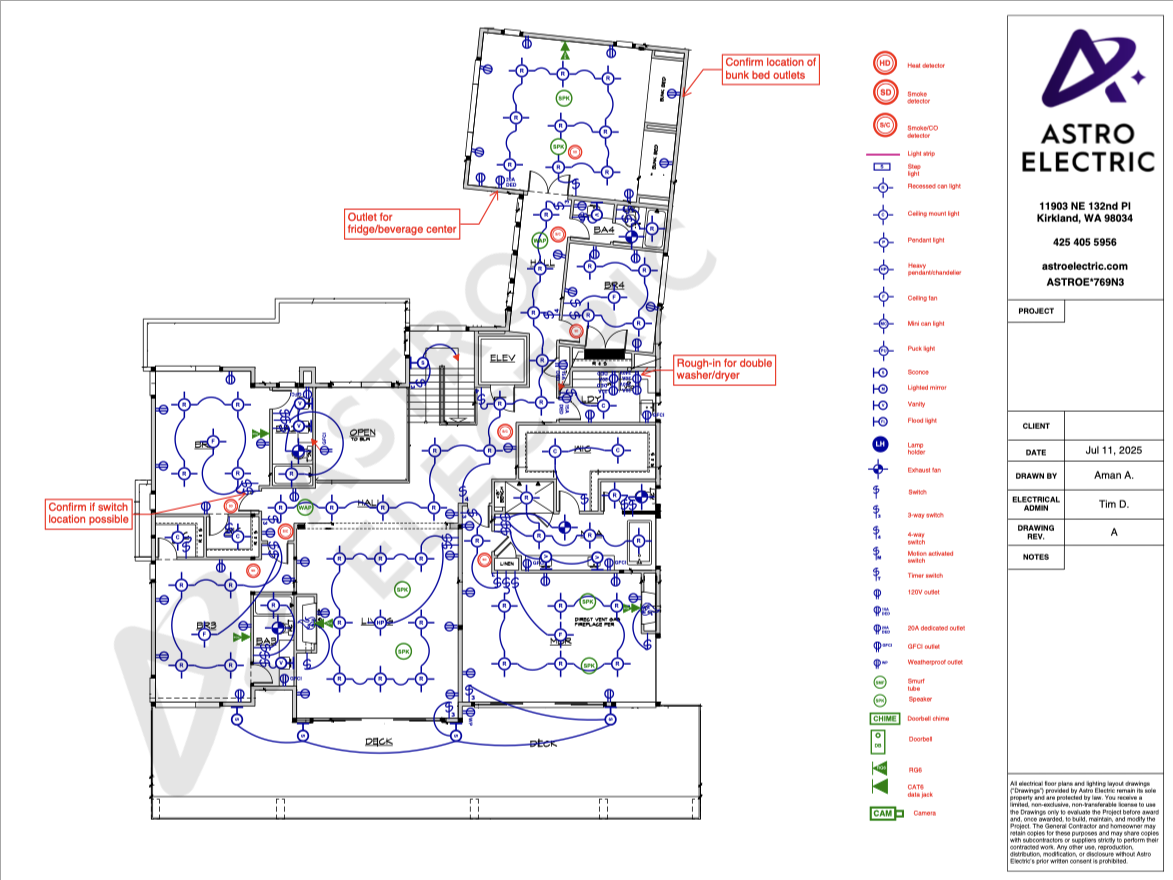 Professional electrical design plans showing detailed outlet placement, lighting layout, switch locations with CAD symbols and technical annotations