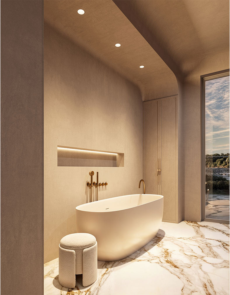 Luxury bathroom with custom architectural lighting by Astro Electric in Medina, featuring recessed ceiling lights, LED mirror lighting, and ambient illumination design